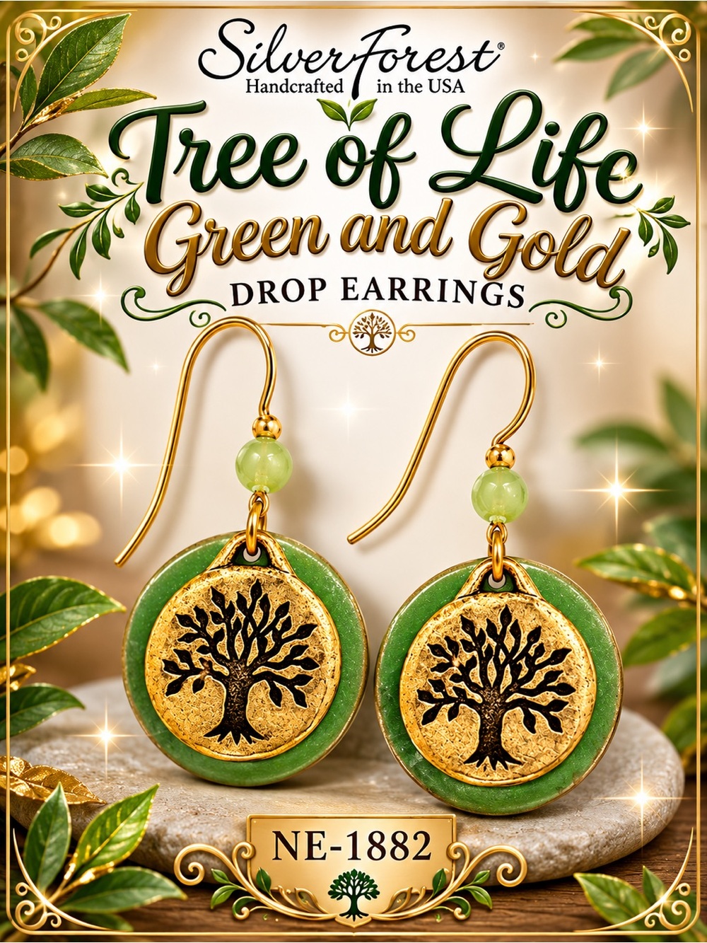 Silver Forest Tree of Life Green and Gold Drop Earrings STYLE #NE-1882